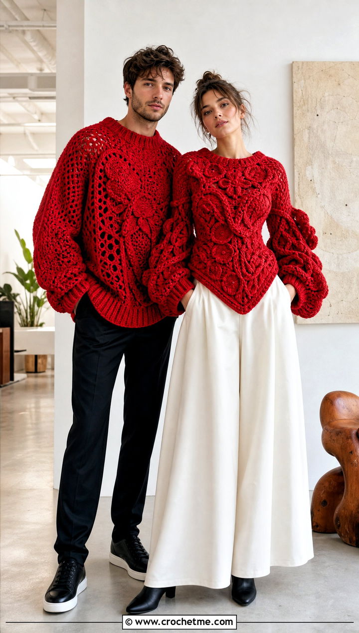 Sculptural Crochet Sweaters With Wide Leg Pants - 30 couples crochet outfit ideas