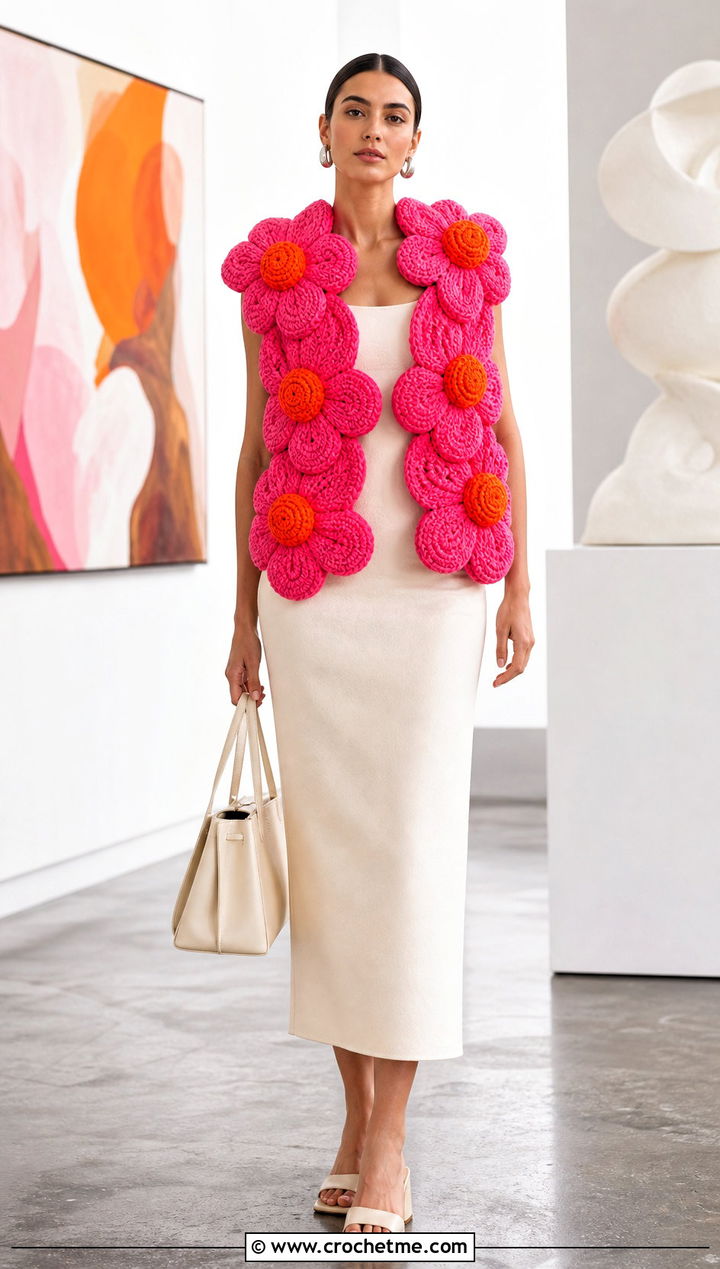 Sculptural Flower Crochet Amigurumi Vest With Column Dress - 15 Crochet Amigurumi Vest outfit ideas