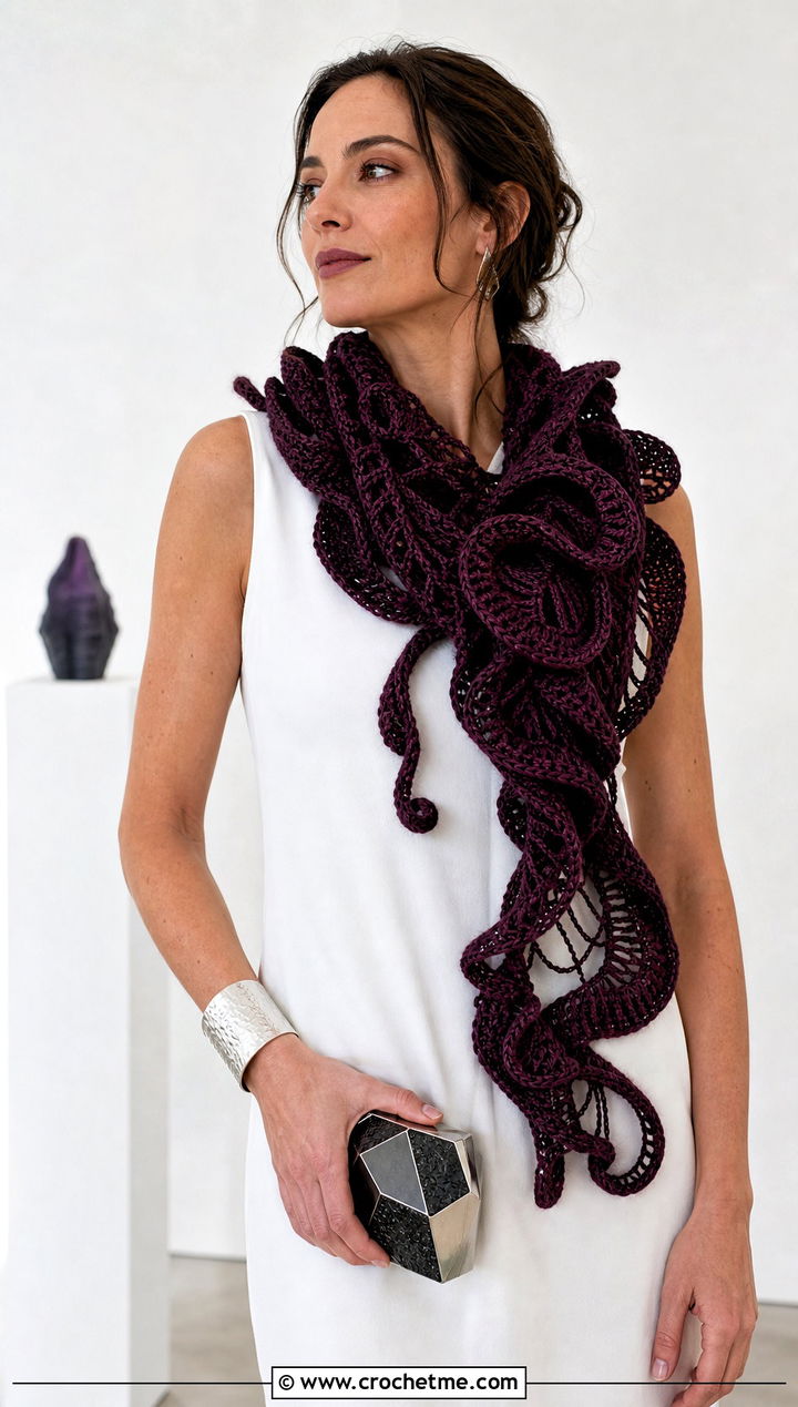 Sculptural Freeform Crochet Scarf With Minimalist Column Dress - 25 Freeform Crochet Scarf outfit ideas