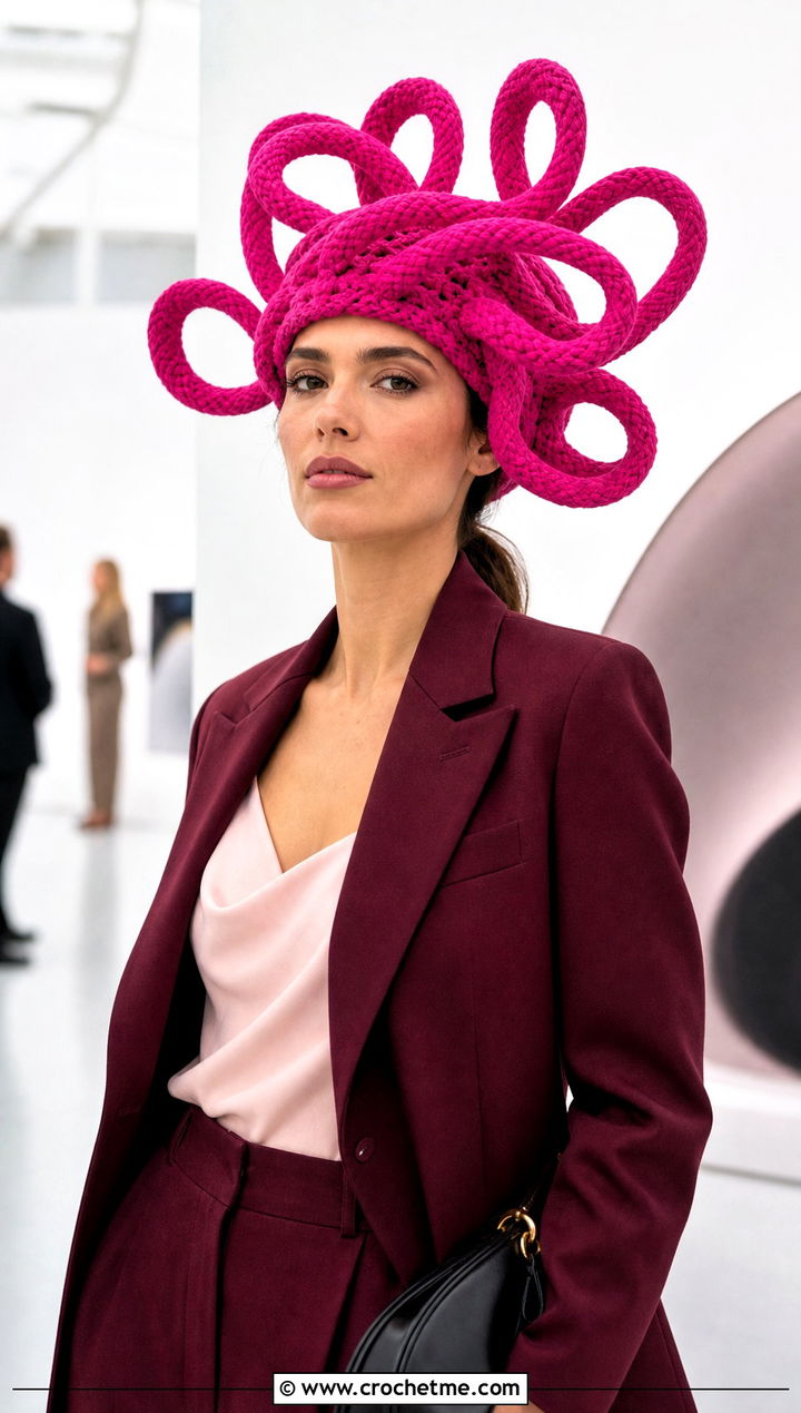 Sculptural Loop Crochet Hat With Trouser Suit - 25 Weird Crochet Hat outfit ideas
