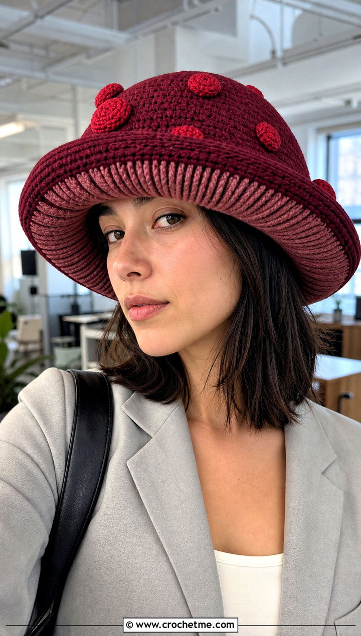 Sculptural Mushroom Crochet Hat With Office Outfit - 25 mushroom crochet hat outfit ideas