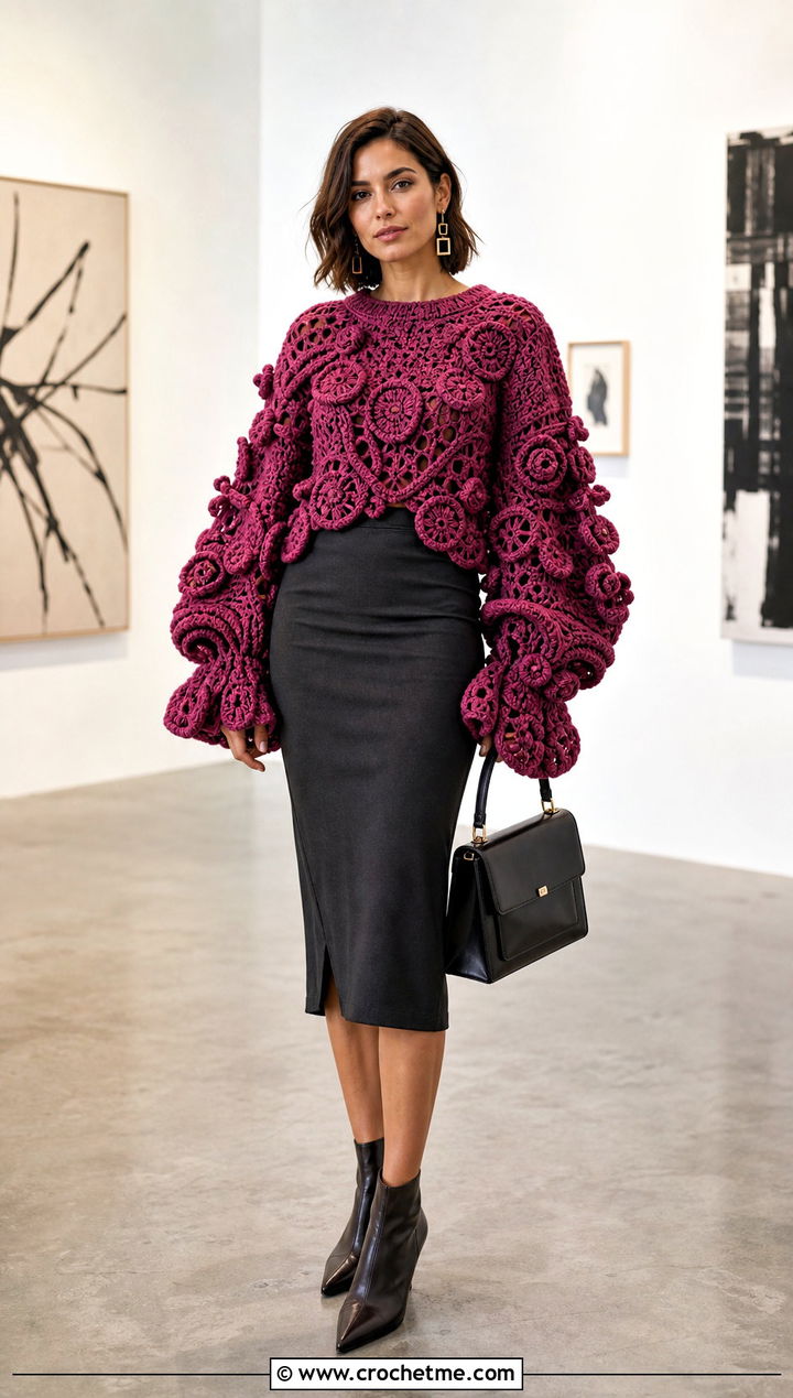 Sculptural Sleeve Freeform Sweater With Pencil Skirt - 15 Freeform Crochet Sweater Ideas