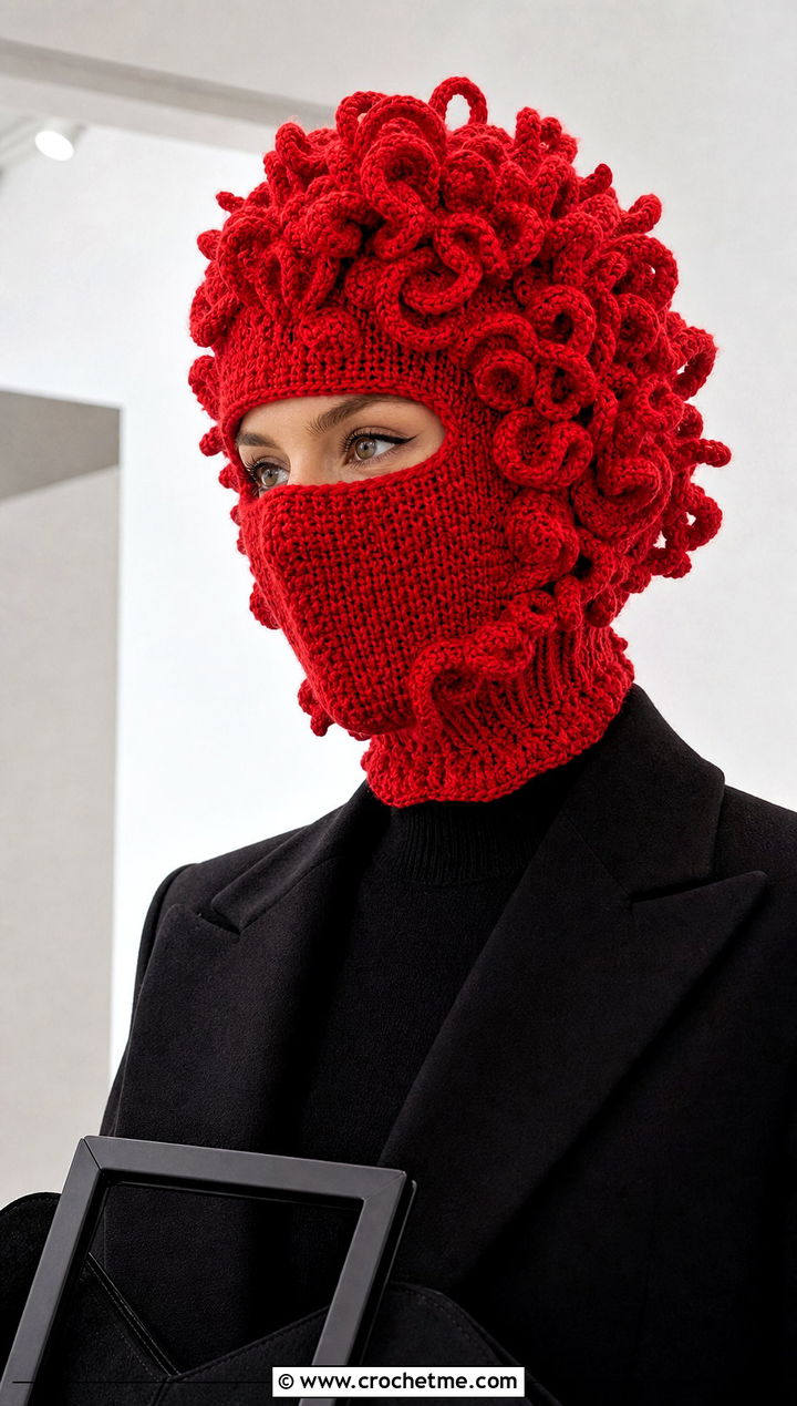 Sculptural Yarn Hair Crochet Ski Mask With Long Coat - 20 crochet balaclava ski mask outfit ideas