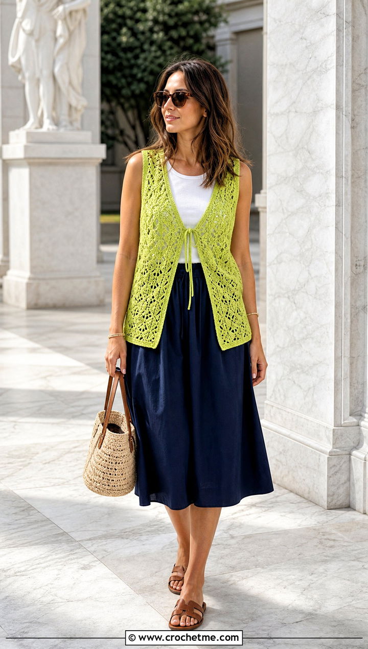Sea Breeze Crochet Vest Cover Up With Poplin Skirt - 15 sea breeze crochet cover up outfit ideas