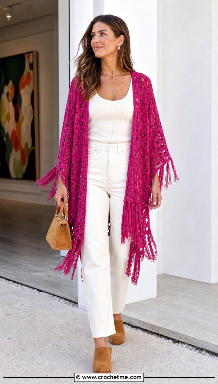 Sea Breeze Fringe Poncho Cover Up With Straight Leg Jeans - 15 sea breeze crochet cover up outfit ideas