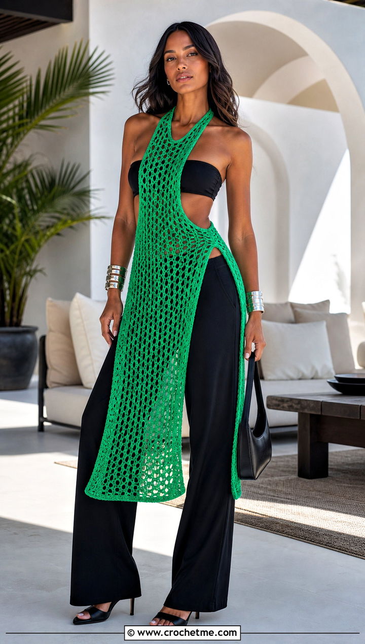 Sea Breeze Halter Dress Cover Up With Wide Leg Trousers - 15 sea breeze crochet cover up outfit ideas