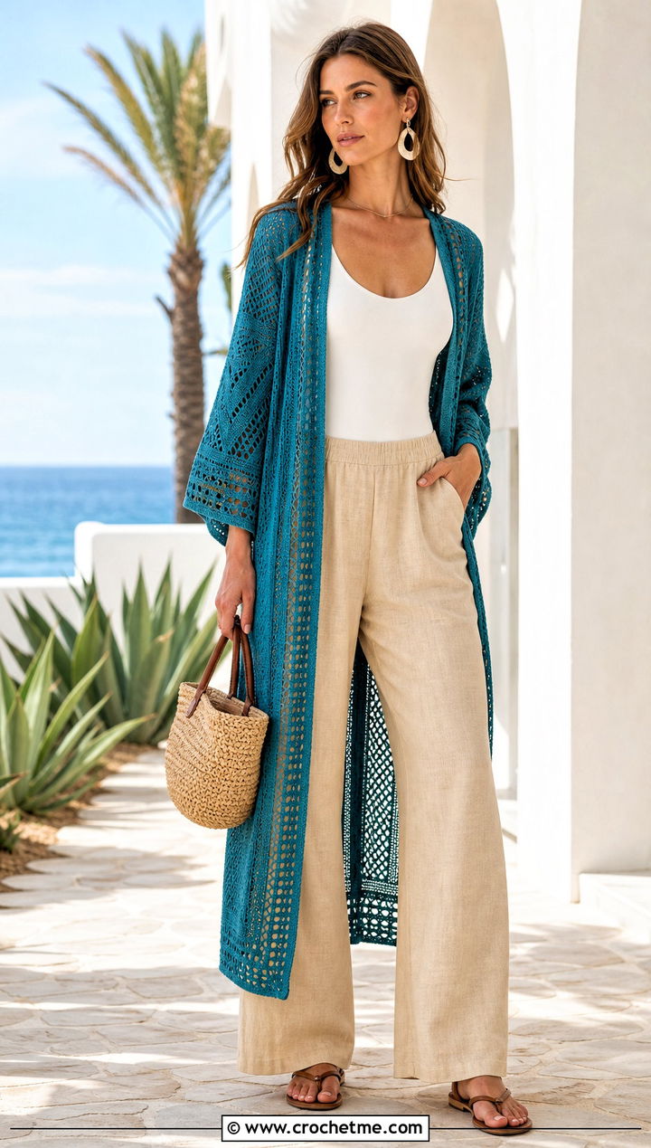 Sea Breeze Open Front Kimono Cover Up With Linen Pants - 15 sea breeze crochet cover up outfit ideas