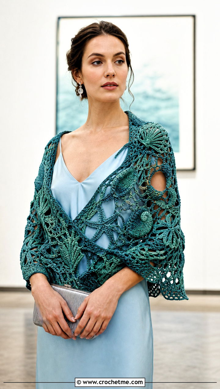 Sea Life In Green Shawl With Satin Slip Dress - 15 sophie digard crochet shawl outfit ideas