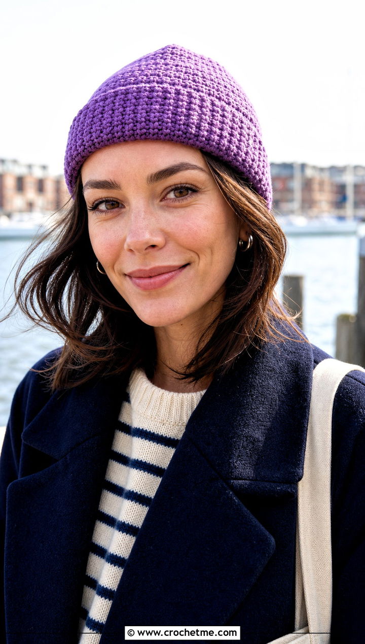 Seafarer Crochet Short Row Beanie With Striped Sweater - 20 Crochet Short Row Beanie outfit ideas