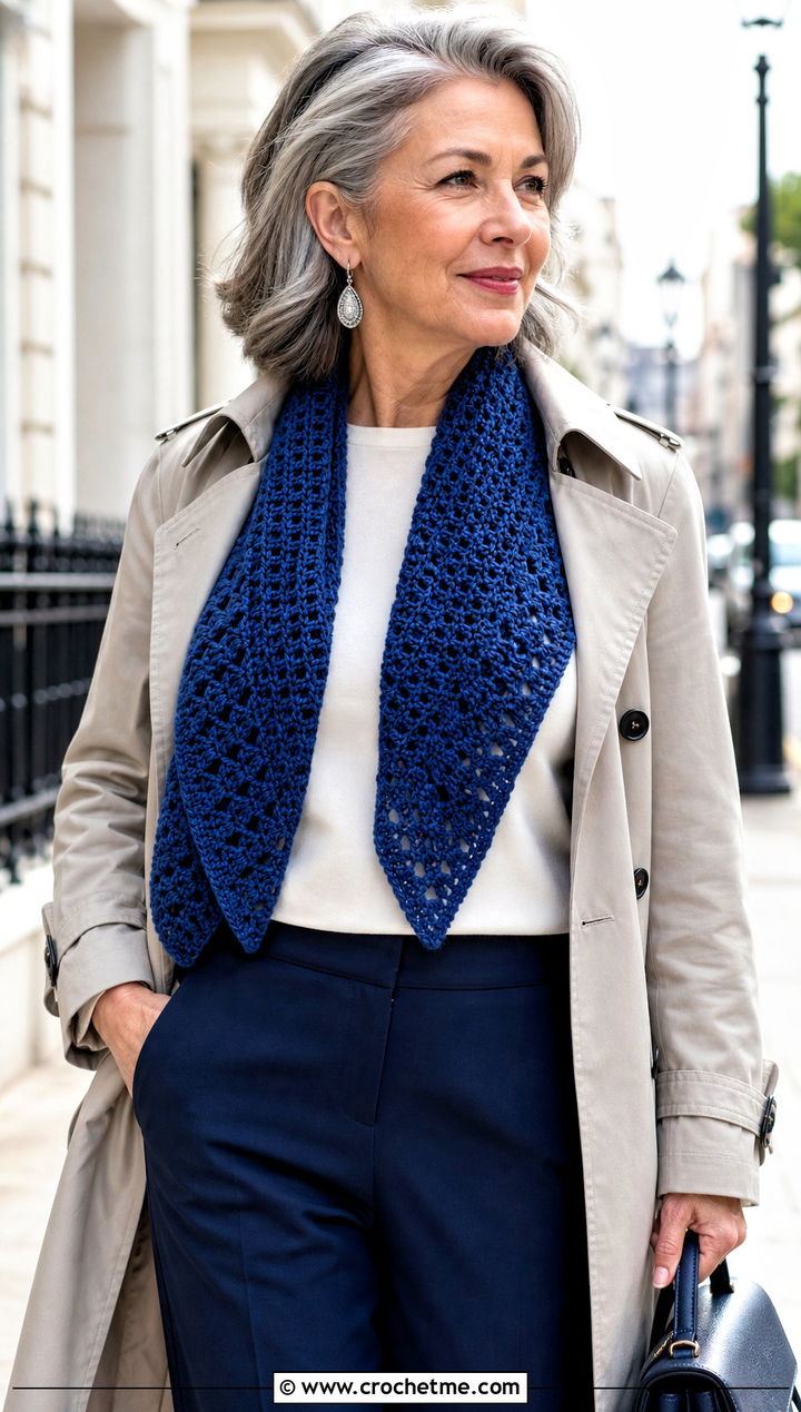 Seafarers Song Shawlette With Trench Coat And Trousers - 15 kristin omdahl crochet shawl outfit ideas