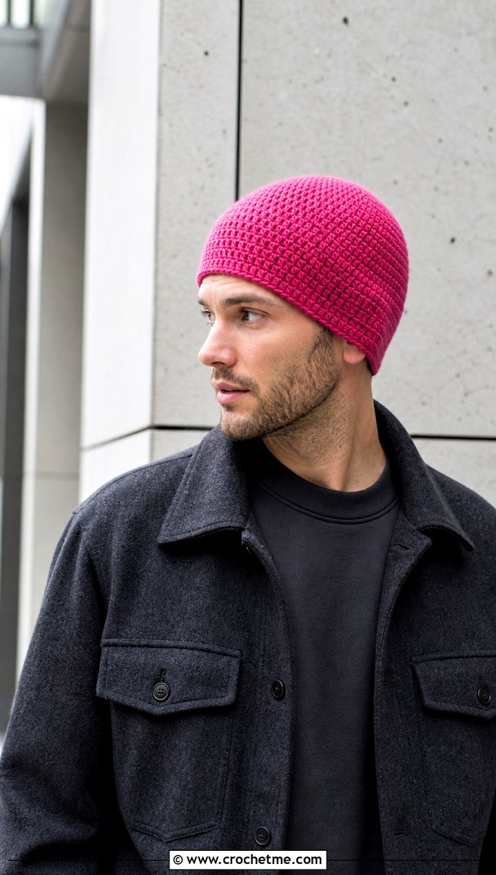 Seamless Crochet Beanie With Monochrome Outfit - 25 easy crochet beanie for men outfit ideas