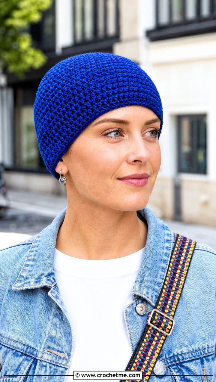 Seamless Crochet Chemo Beanie With Denim Jacket - 20 Easy Crochet Chemo Hats outfit ideas