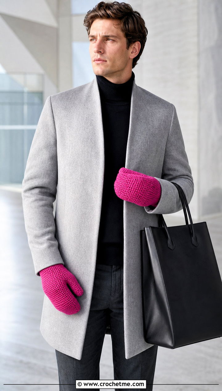 Seamless Crochet Mittens With Minimalist Coat - 25 Crochet Mens Mittens outfit ideas