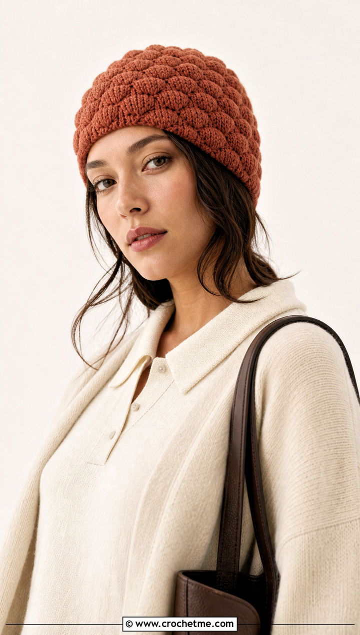Seamless Puff Stitch Beanie With Monochrome Knit Set And Loafers - 25 crochet puff stitch beanie outfit ideas