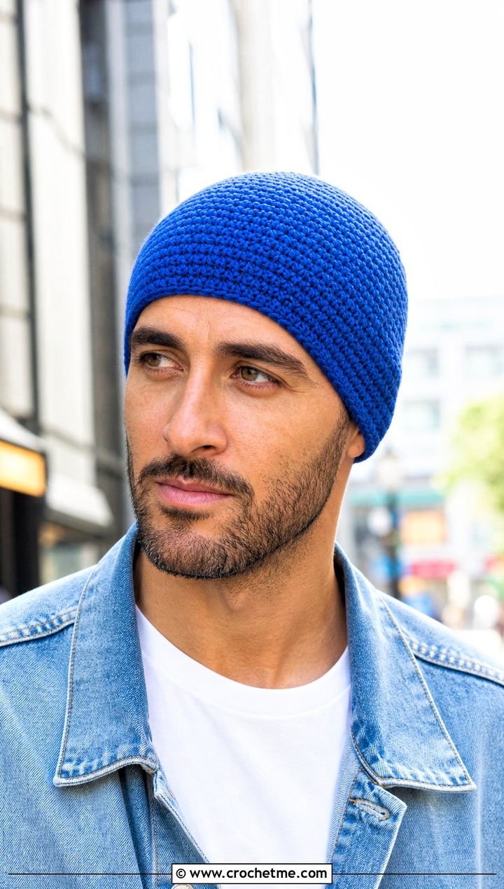 Seamless Single Crochet Chemo Cap With Denim Jacket - 25 Crochet Chemo Caps For Men outfit ideas