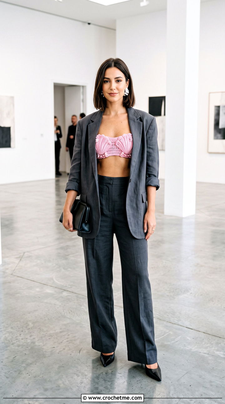 Seashell Crochet Bandeau Top With Oversized Blazer - 35 crochet seashell top outfit ideas