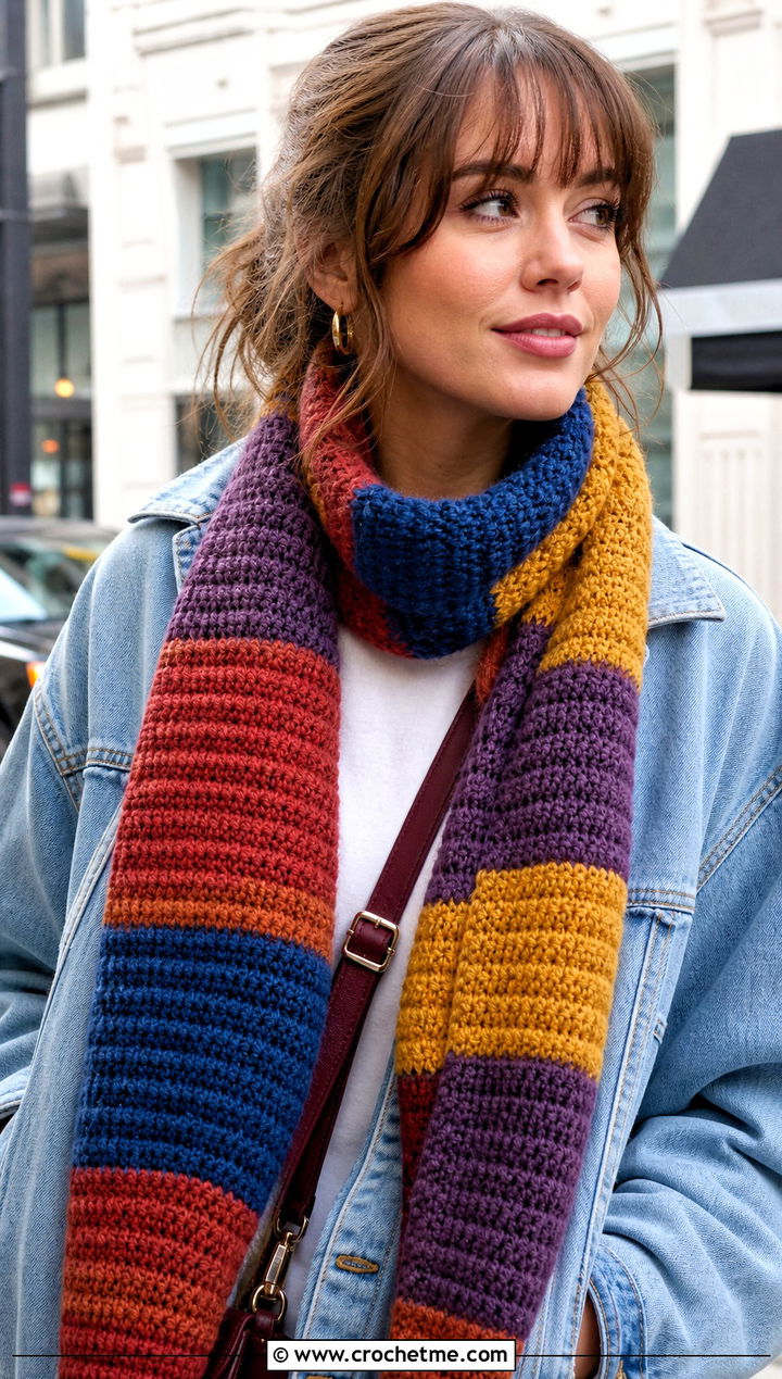 Season Doctor Who Crochet Scarf With Denim Jacket - 25 Doctor Who Crochet Scarf outfit ideas