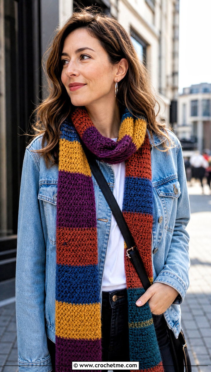 Season Original Tom Baker Scarf With Denim Jacket - 15 crochet tom baker scarf outfit ideas