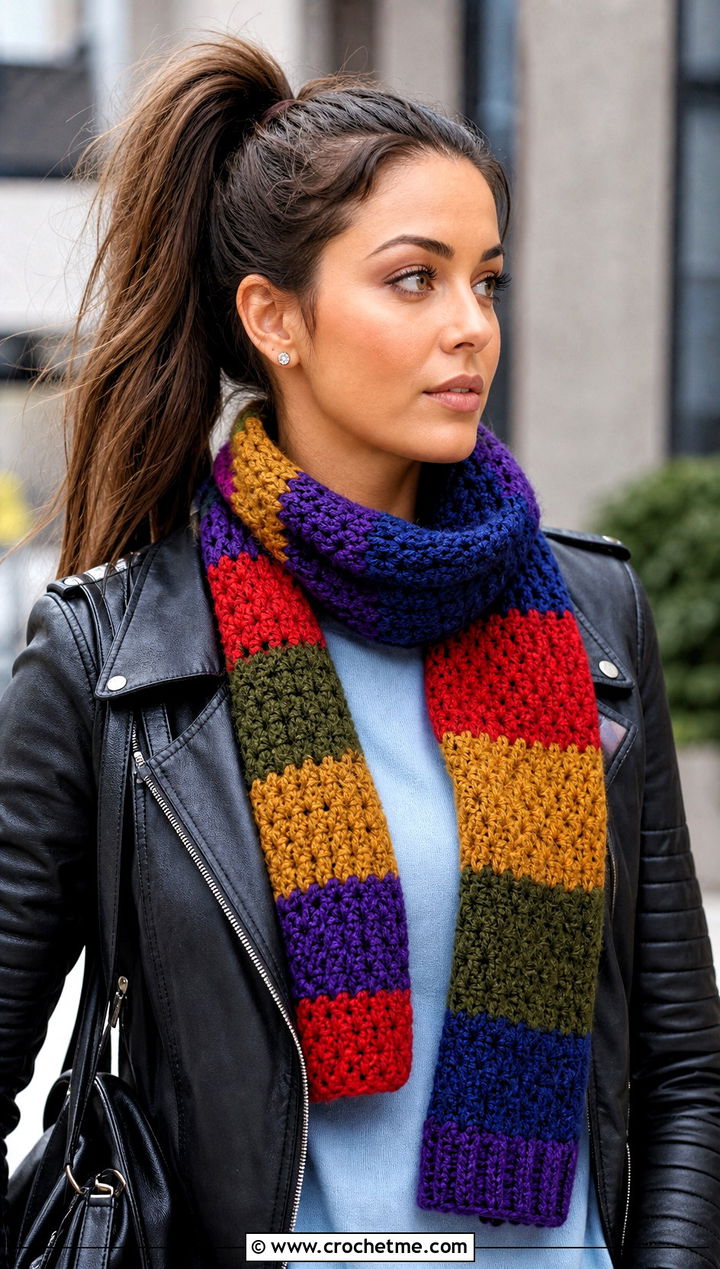 Season Shortened Tom Baker Scarf With Leather Jacket - 15 crochet tom baker scarf outfit ideas