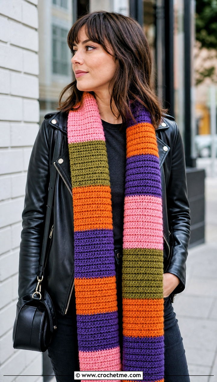 Season Doctor Who Crochet Scarf With Leather Jacket - 25 Doctor Who Crochet Scarf outfit ideas