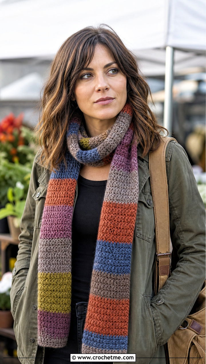 Season Muted Stripe Doctor Who Crochet Scarf With Utility Jacket - 25 Doctor Who Crochet Scarf outfit ideas