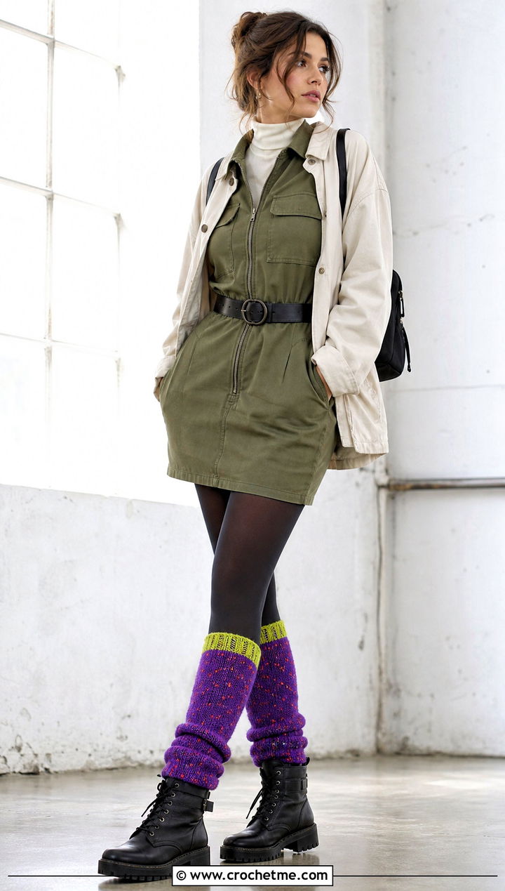 Seed Dot Crochet Strawberry Leg Warmers With Utility Dress - 15 Crochet Strawberry Leg Warmers outfit ideas