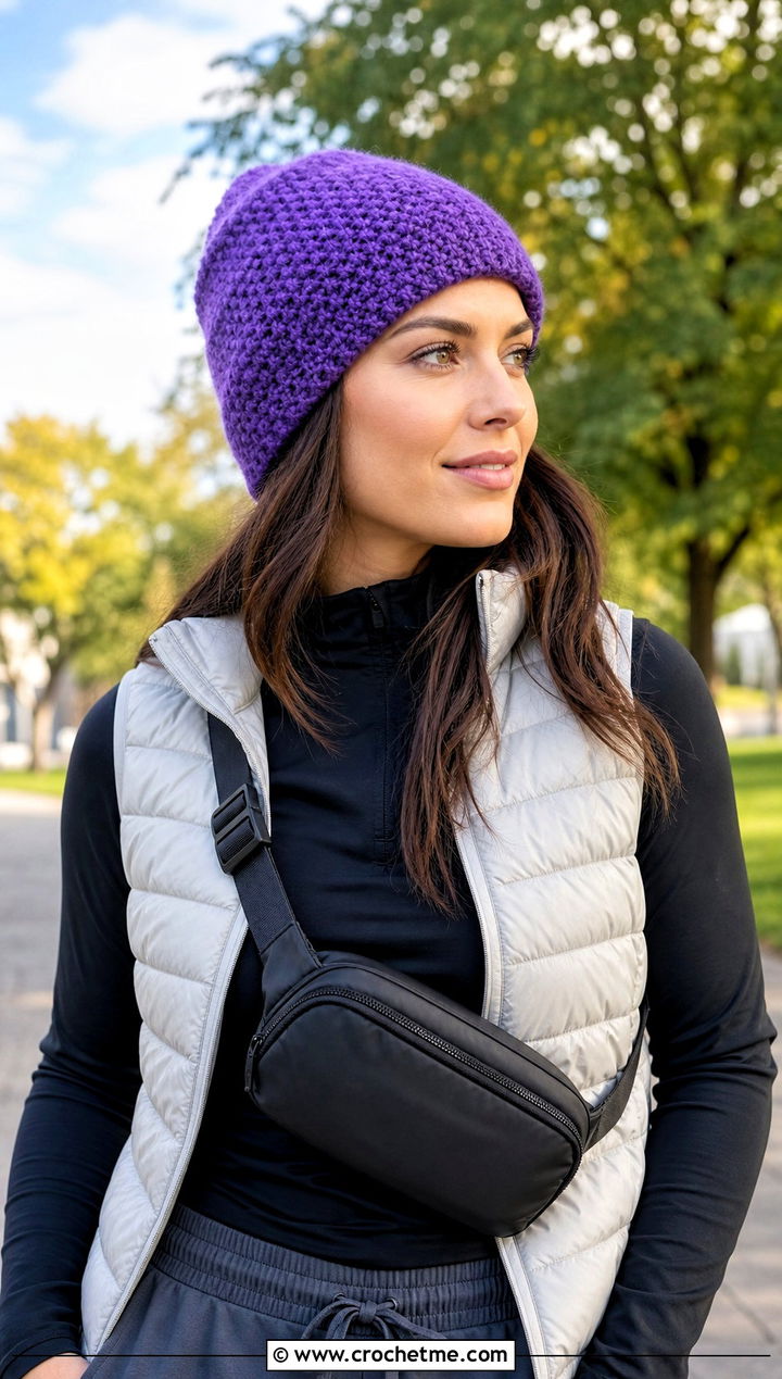 Seed Stitch Beanie With Quilted Vest And Joggers - 30 crochet stitch hat outfit ideas
