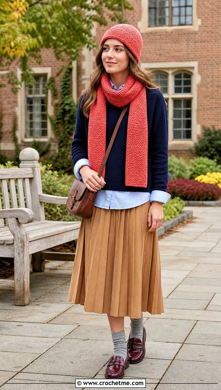 Seed Stitch Crochet Beanie And Scarf With Preppy Outfit - 35 crochet hat and scarf set outfit ideas