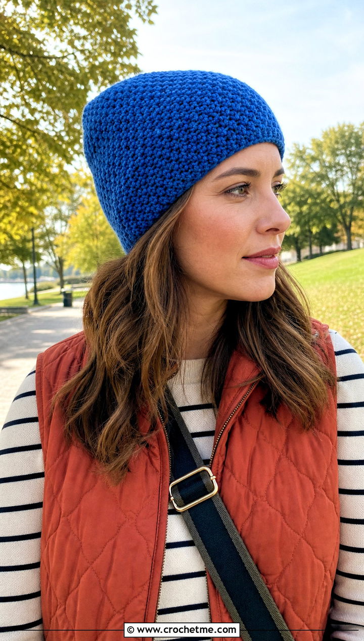 Seed Stitch Crochet Beanie With Quilted Vest - 35 basic crochet beanie outfit ideas