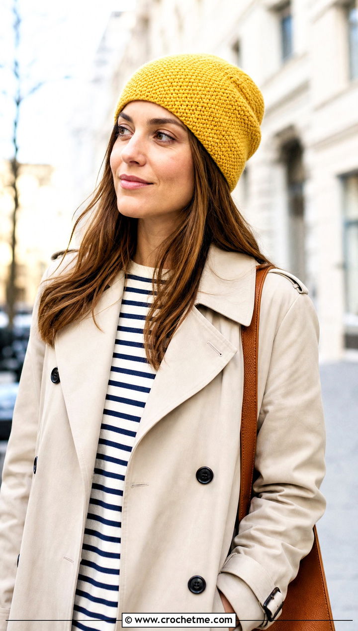 Seed Stitch Crochet Beanie With Trench Coat - 30 knit look crochet beanie outfit ideas