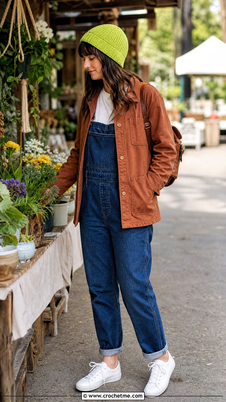 Seed Stitch Crochet Fisherman Beanie With Chore Coat And Overalls - 35 crochet fisherman beanie outfit ideas