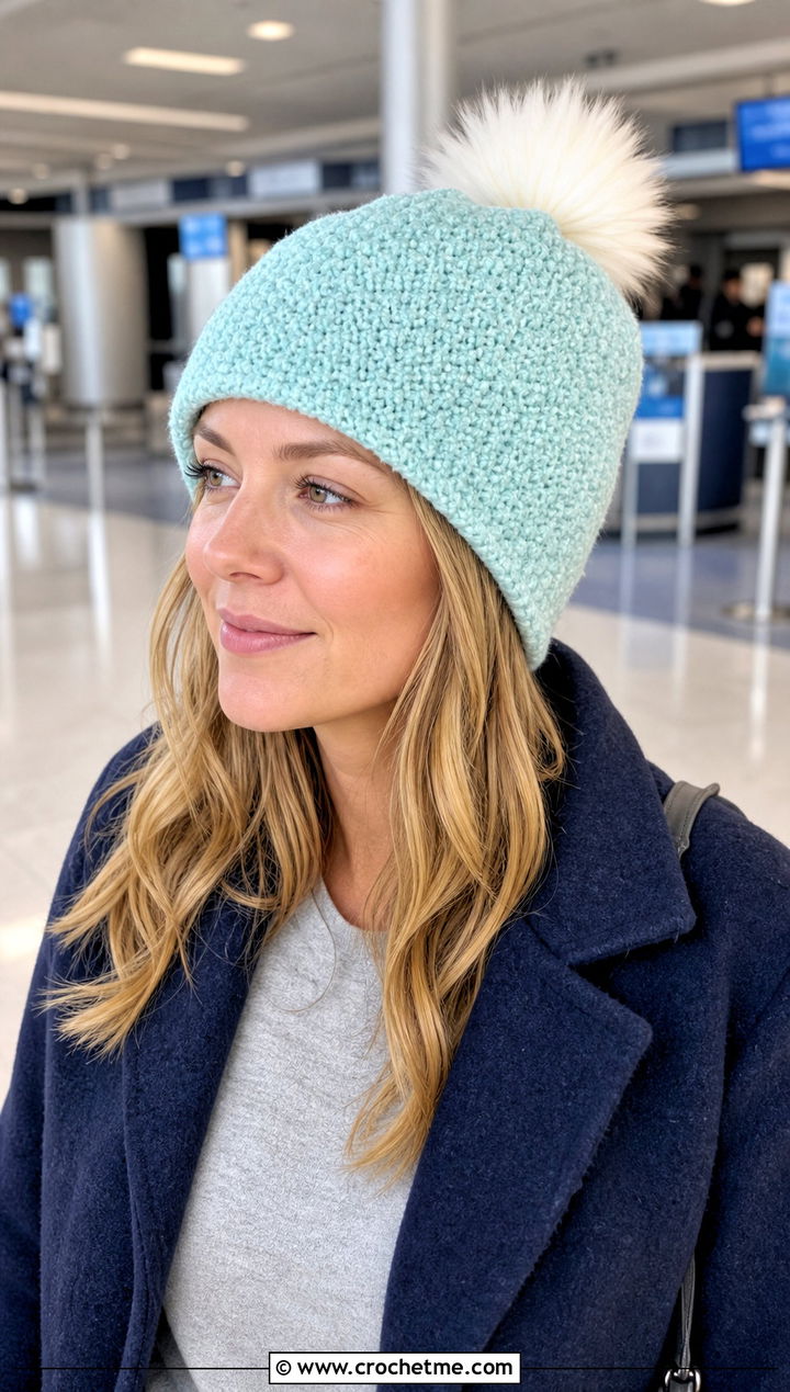 Seed Stitch Crochet Hat With Matching Lounge Set And Long Coat - 15 Crochet Hat With Fur Pom Pom outfit ideas