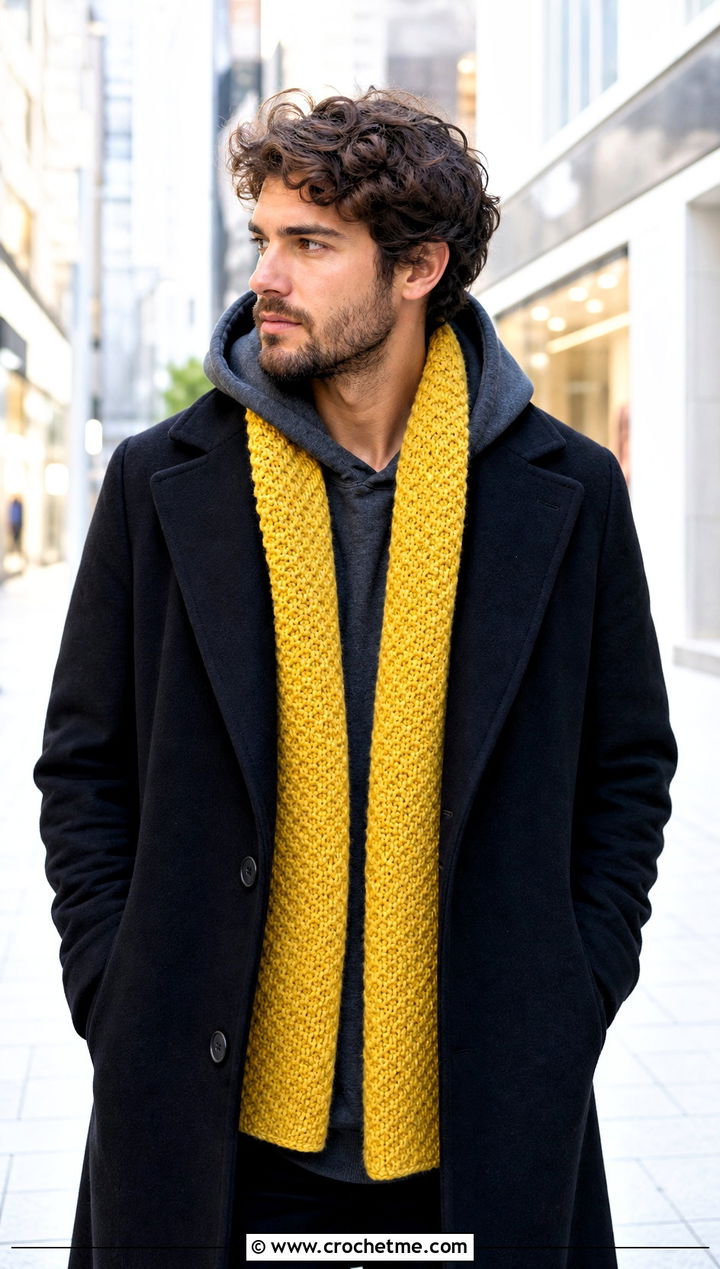 Seed Stitch Crochet Scarf With Hoodie And Coat - 30 easy crochet scarf men outfit ideas