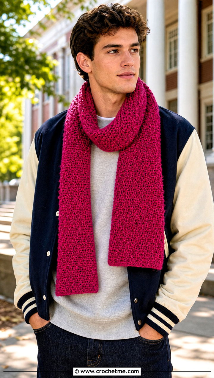 Seed Stitch Crochet Scarf With Varsity Jacket - 15 crochet stitch for mens scarf outfit ideas