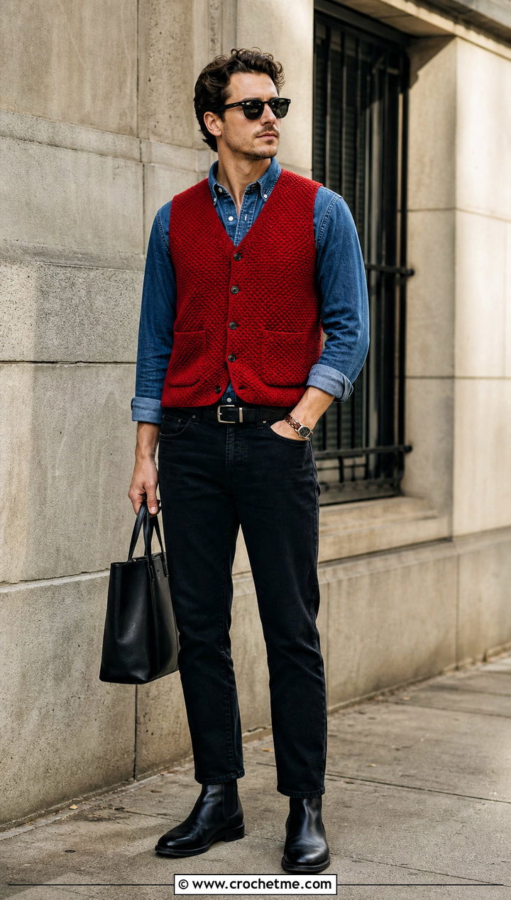 Seed Stitch Crochet Vest With Denim Shirt And Black Jeans - 30 mens crochet vest outfit ideas