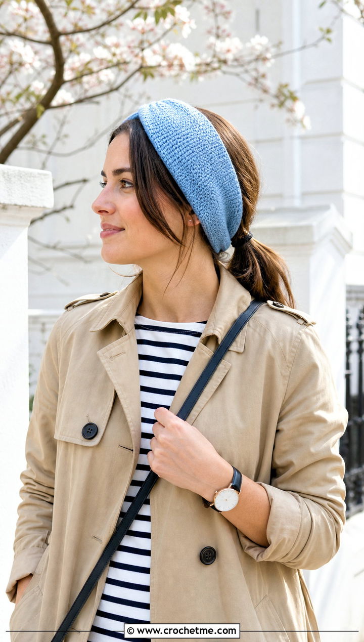 Seed Stitch Knit Headband With Trench Coat - 15 knit or crochet headbands outfit ideas
