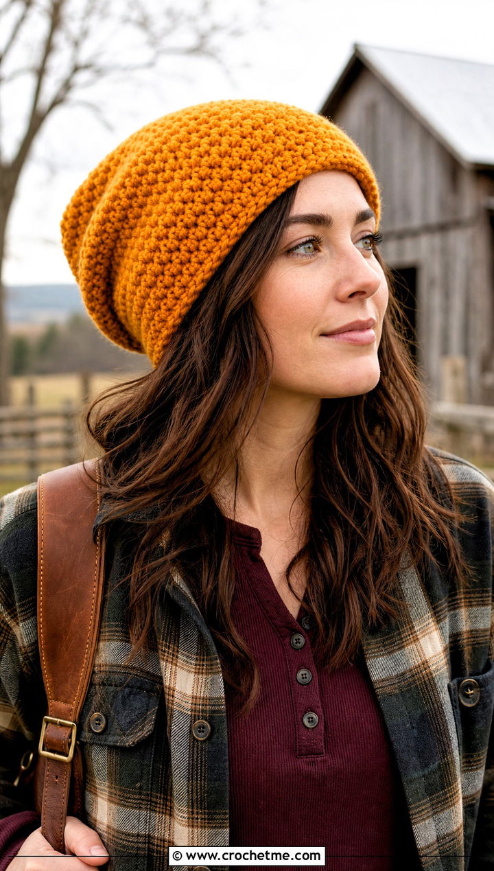 Seed Stitch Slouchy Crochet Beanie With Shacket - 25 Easy Slouchy Crochet Beanie outfit ideas