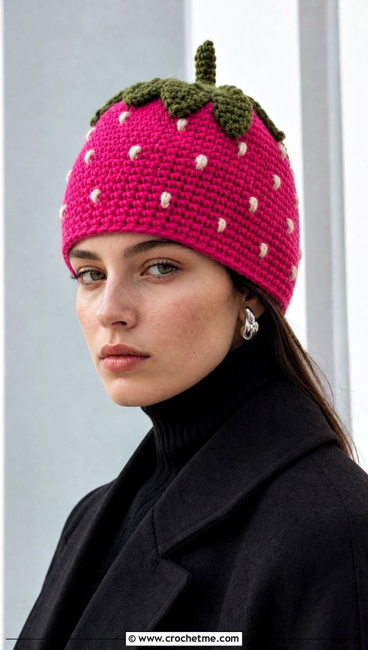 Seed Stitch Strawberry Crochet Hat With Monochrome Outfit - 30 strawberry crochet hat outfit ideas