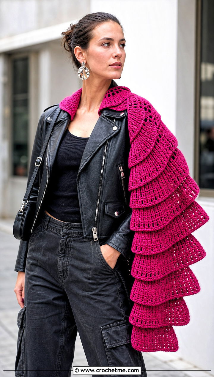Segmented Fan Wingspan Shawl With Leather Jacket - 15 Crochet Wingspan Shawl outfit ideas