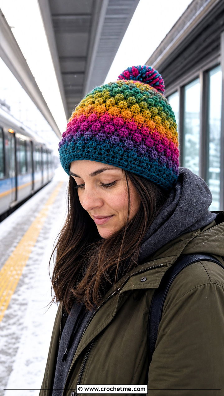 Self Striping Crochet Bobble Hat With Parka - 30 crochet bobble hat outfit ideas