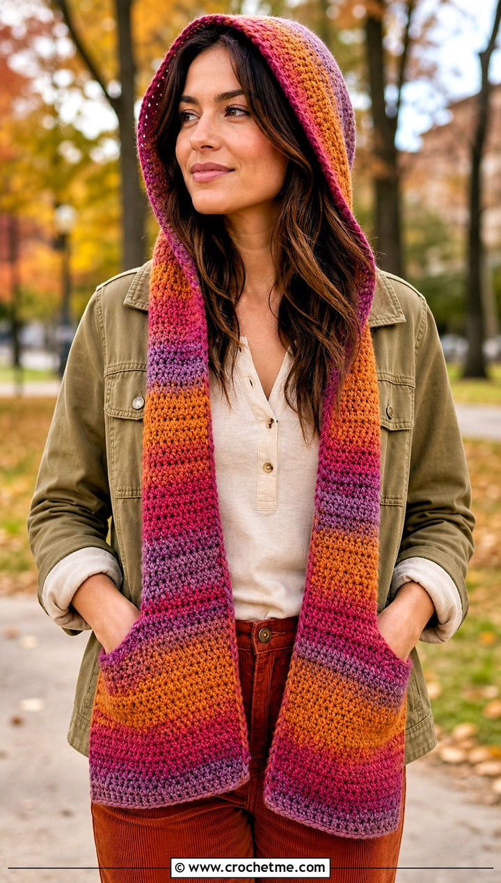 Self Striping Crochet Hooded Pocket Scarf With Utility Jacket - 25 crochet hooded pocket scarf outfit ideas
