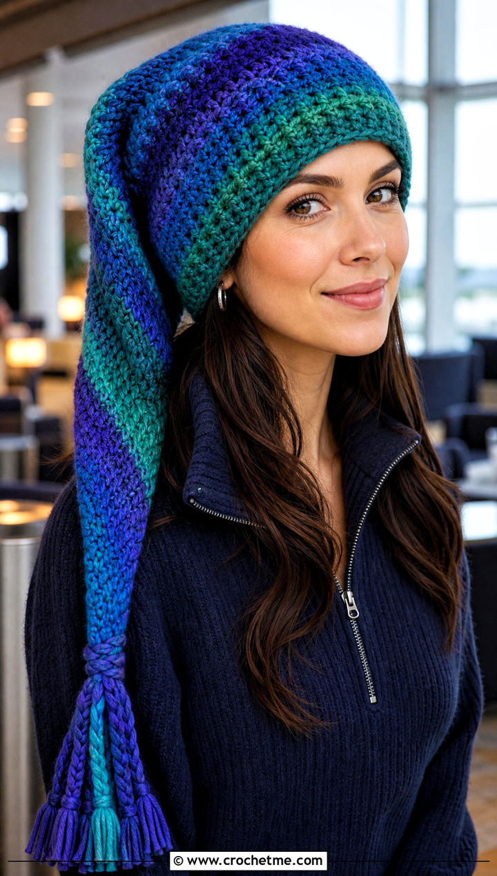 Self Striping Crochet Long Stocking Cap With Matching Knit Set - 20 Crochet Long Stocking Cap outfit ideas