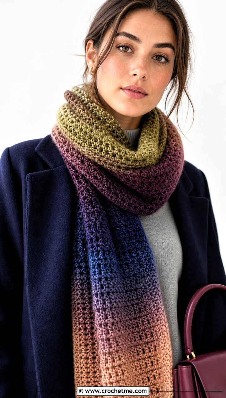 Self Striping Crochet Scarf With Minimalist Basics - 30 striped crochet scarf outfit ideas