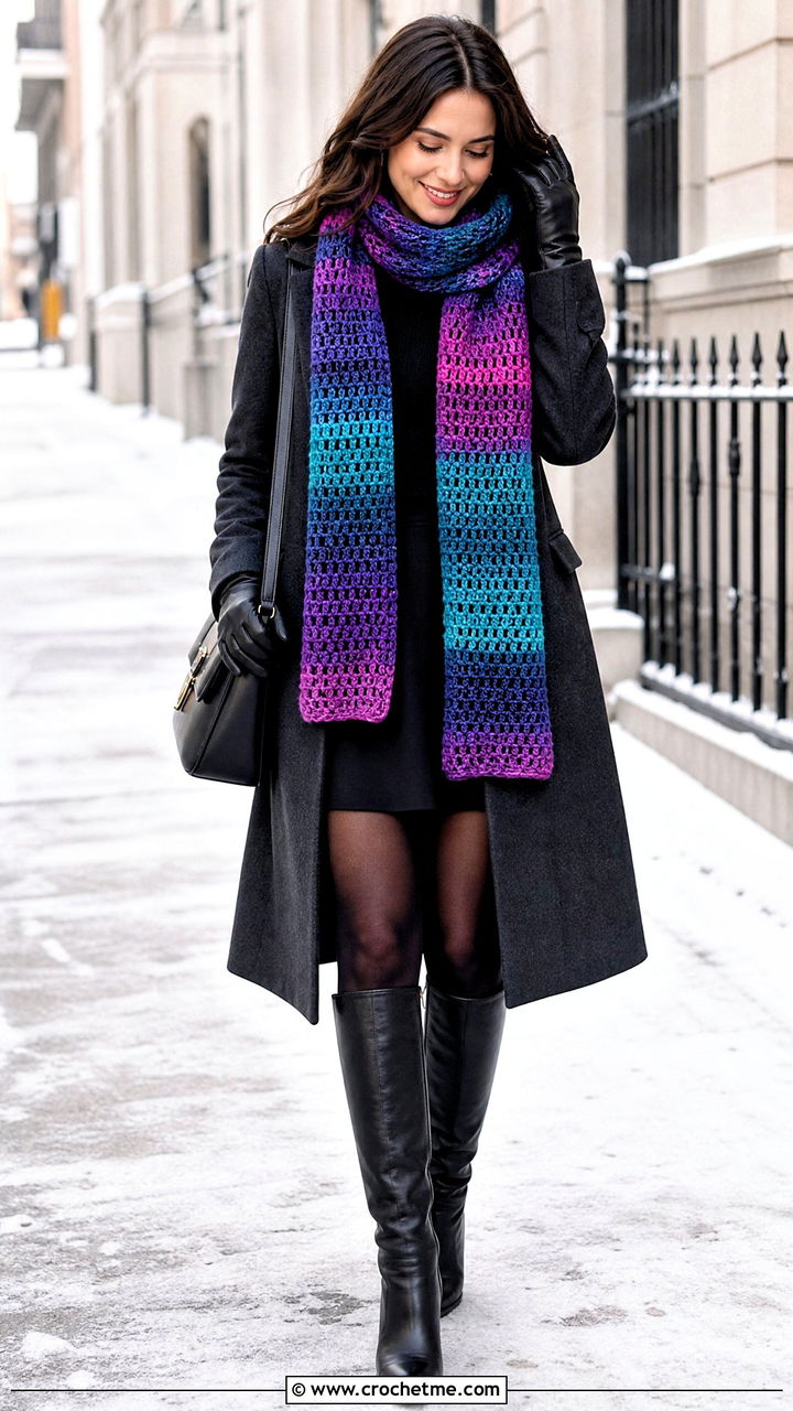 Self Striping Crochet Scarf With Wool Coat and Mini Skirt - 35 easy one skein crochet scarf outfit ideas