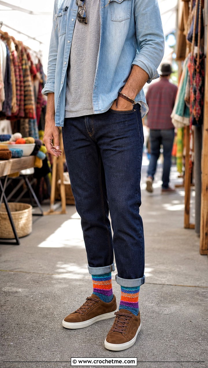 Self Striping Crochet Socks With Double Denim - 25 Mens Crochet Socks outfit ideas