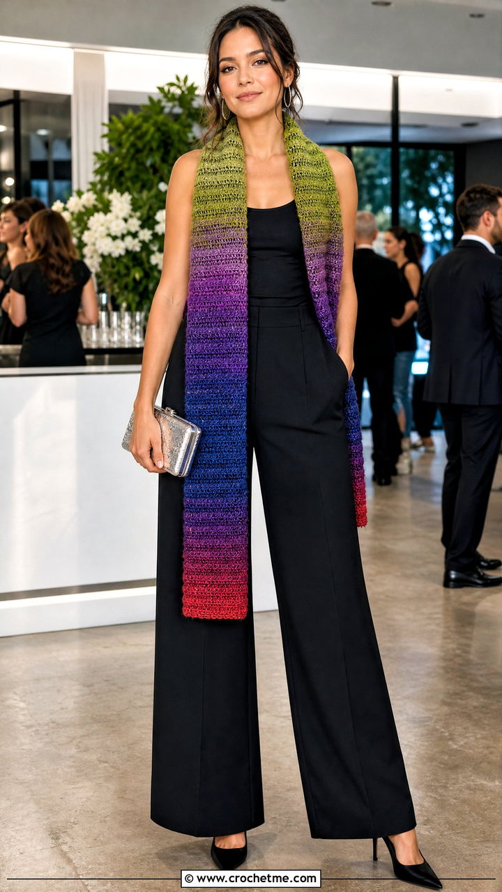 Self Striping Crochet Sweater Scarf With Tuxedo Trousers - 35 crochet sweater scarf outfit ideas
