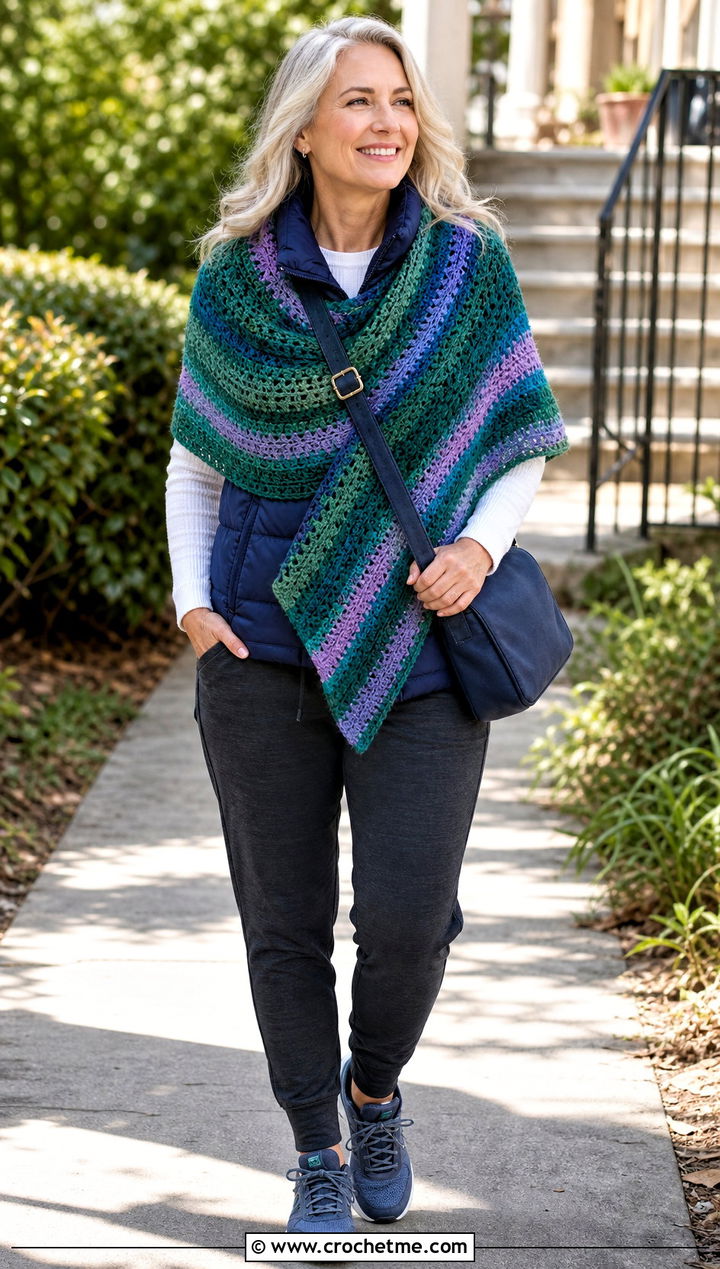 Self Striping Sideways Crochet Shawl With Puffer Vest - 25 Sideways Crochet Shawl outfit ideas