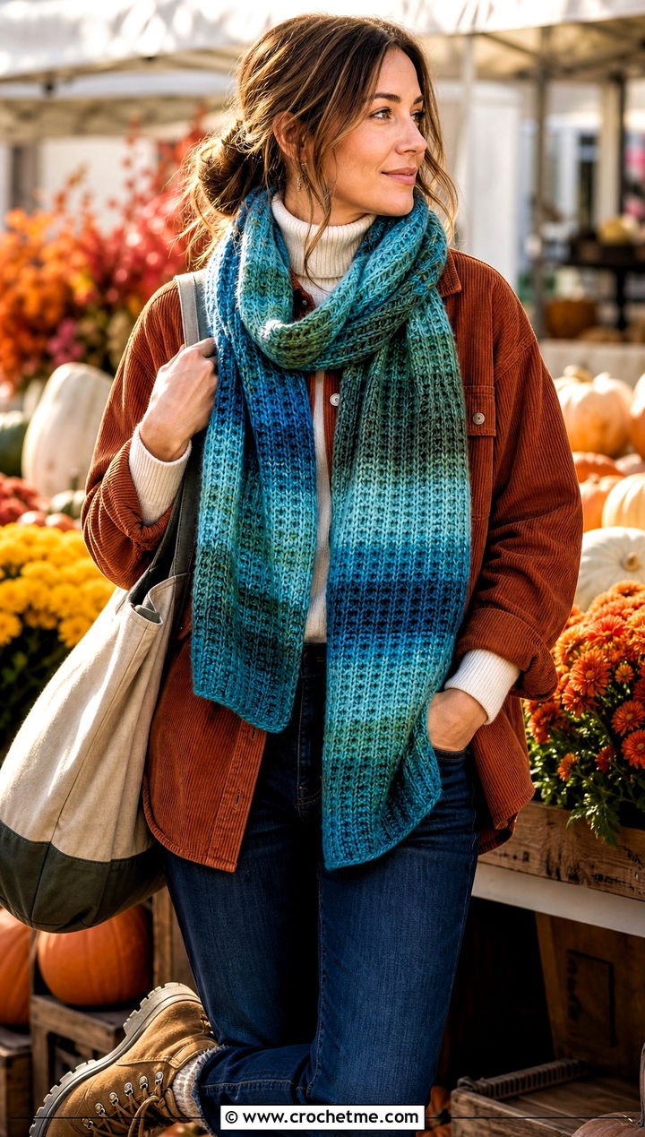 Self Striping Waffle Stitch Crochet Scarf With Corduroy Overshirt - 30 waffle stitch crochet scarf outfit ideas