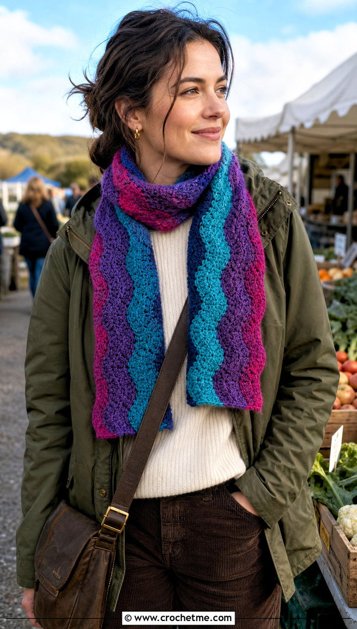 Self Striping Wavy Crochet Scarf With Parka and Corduroy Pants - 25 wavy crochet scarf outfit ideas