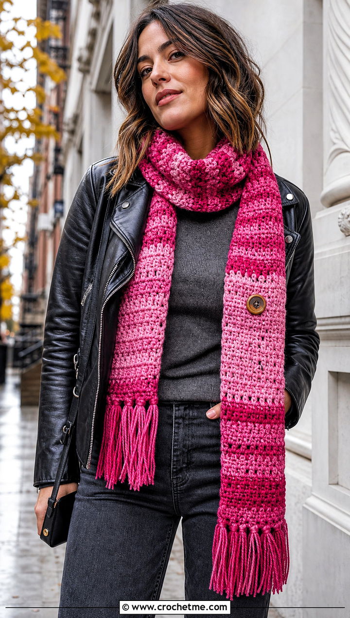 Self Striping Winter Wishes Crochet Scarf With Leather Jacket - 15 Winter Wishes Crochet Scarf outfit ideas